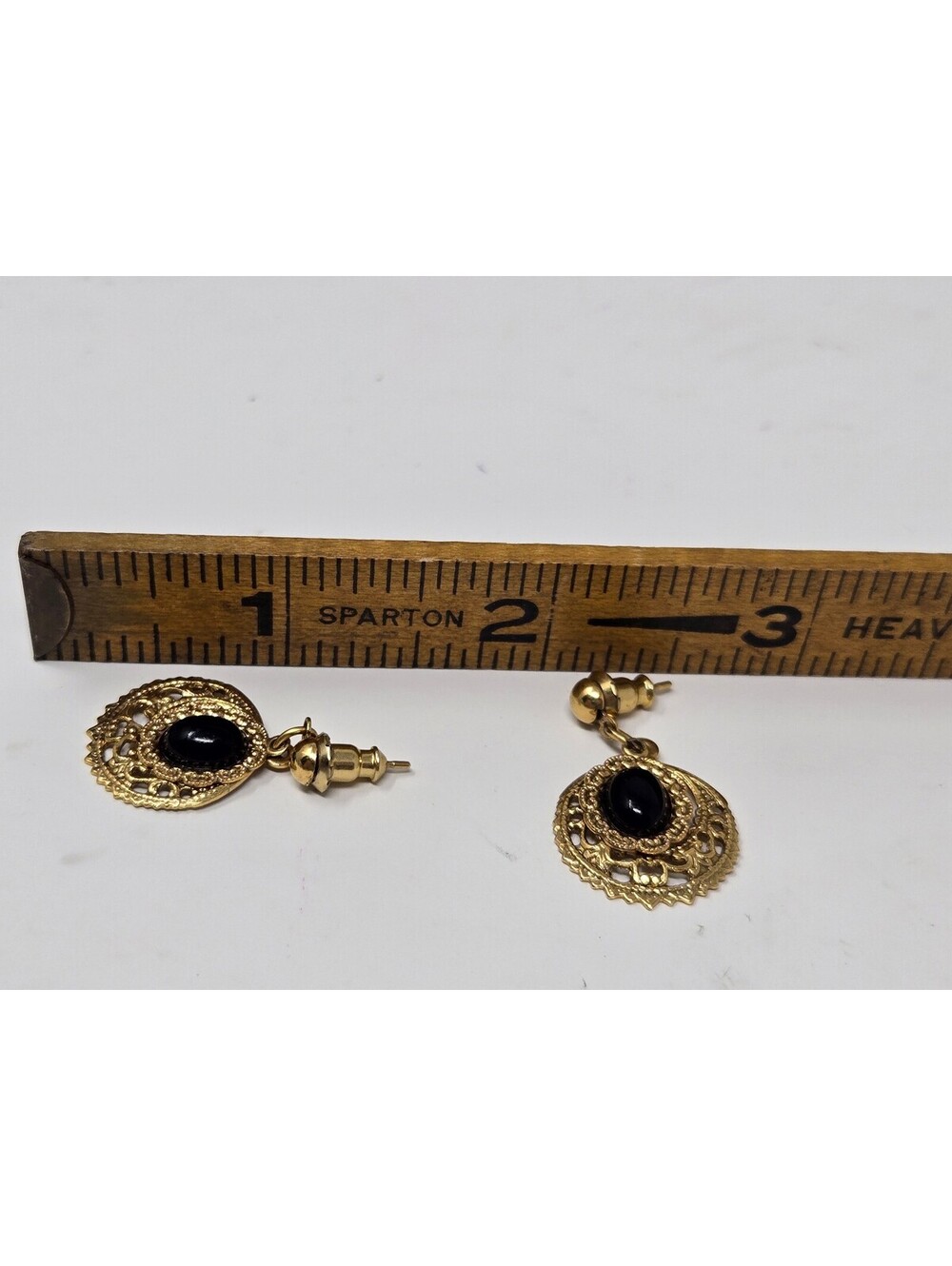 Vintage Gold-Tone Ornate Filigree Dangle Post Earrings with Oval Black Cabochons - Picture 4 of 5